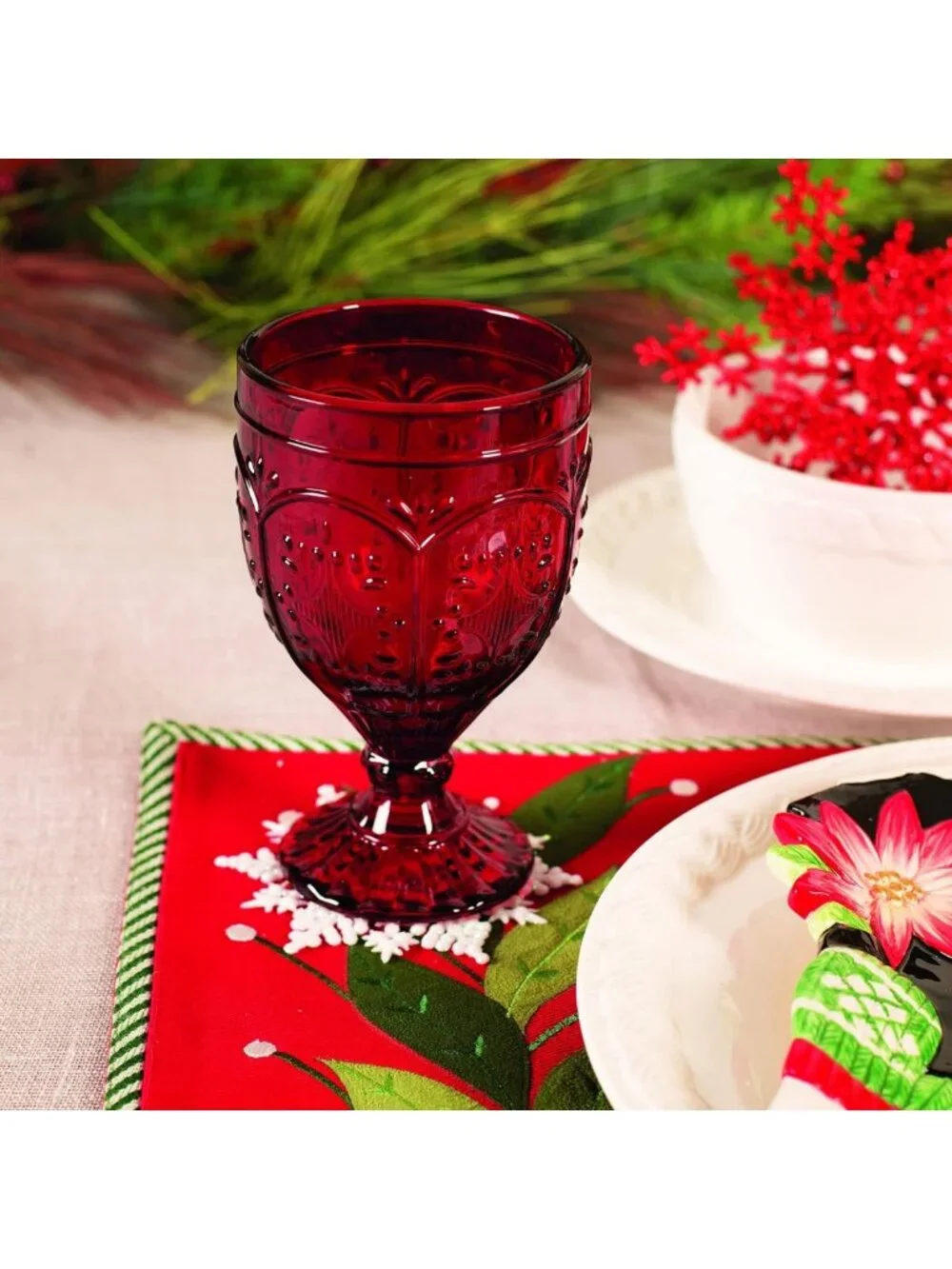 Ornate Red Glass Goblets Set of 4 | Elegant Drinkware for Parties & Events